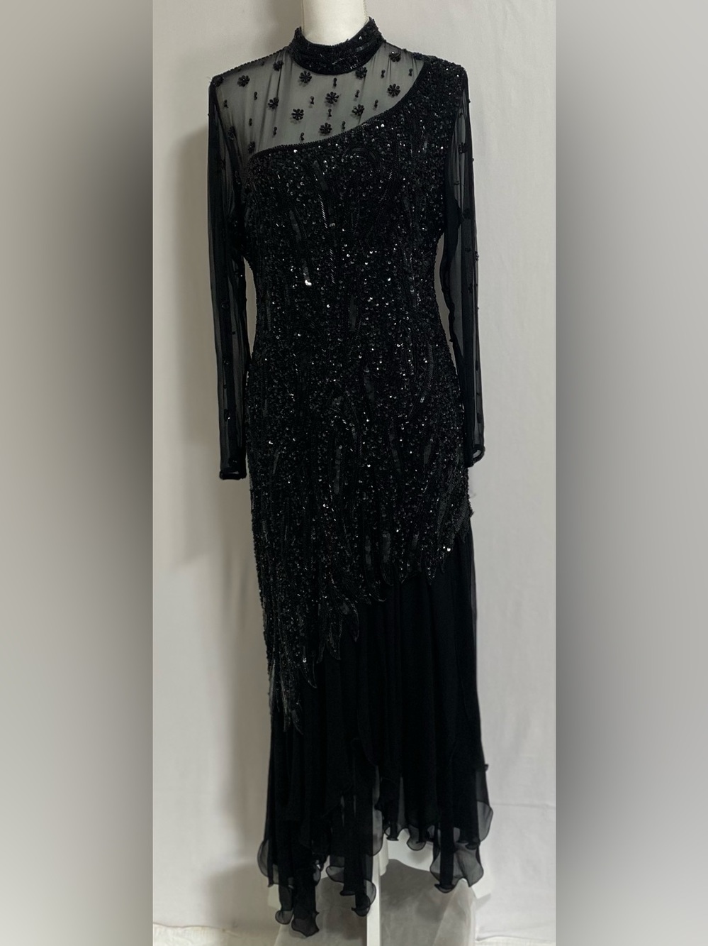 Vintage Elegant Black Sequin Long-Sleeve Evening Dress